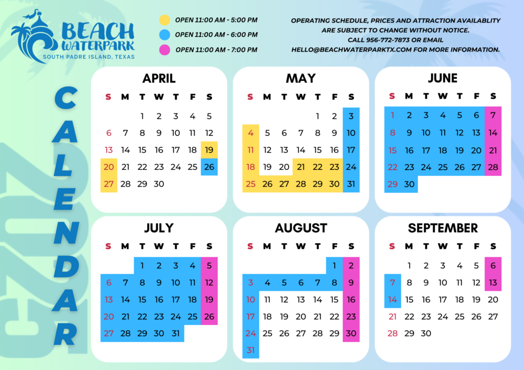 Beach Waterpark South Padre Island Calendar 2025